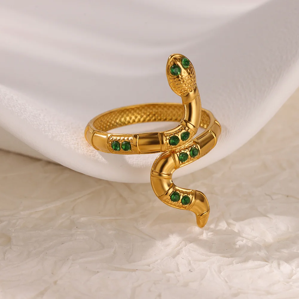 Zircon Snake Stainless Steel Open Ring For Women Punk Gold Color Wedding Aesthetic Ring Snake Animal Jewelry Accessories BFF