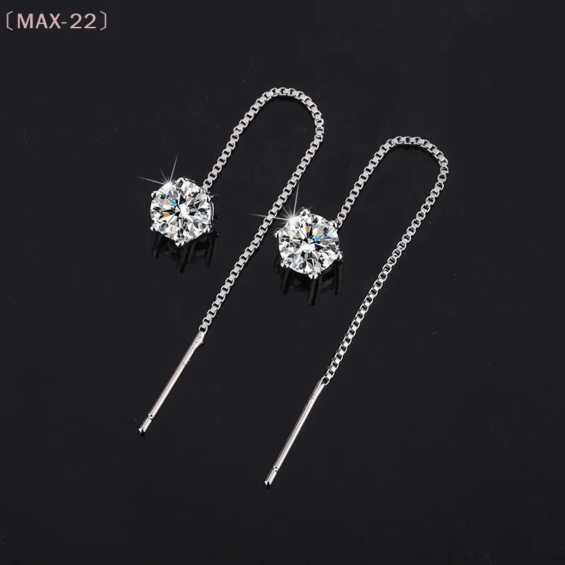 〔MAX-22〕6mm Round Moissanite Diamond Tassel Long Threader Earrings For Women Classic Six-Claw Ear Wire Jewelry