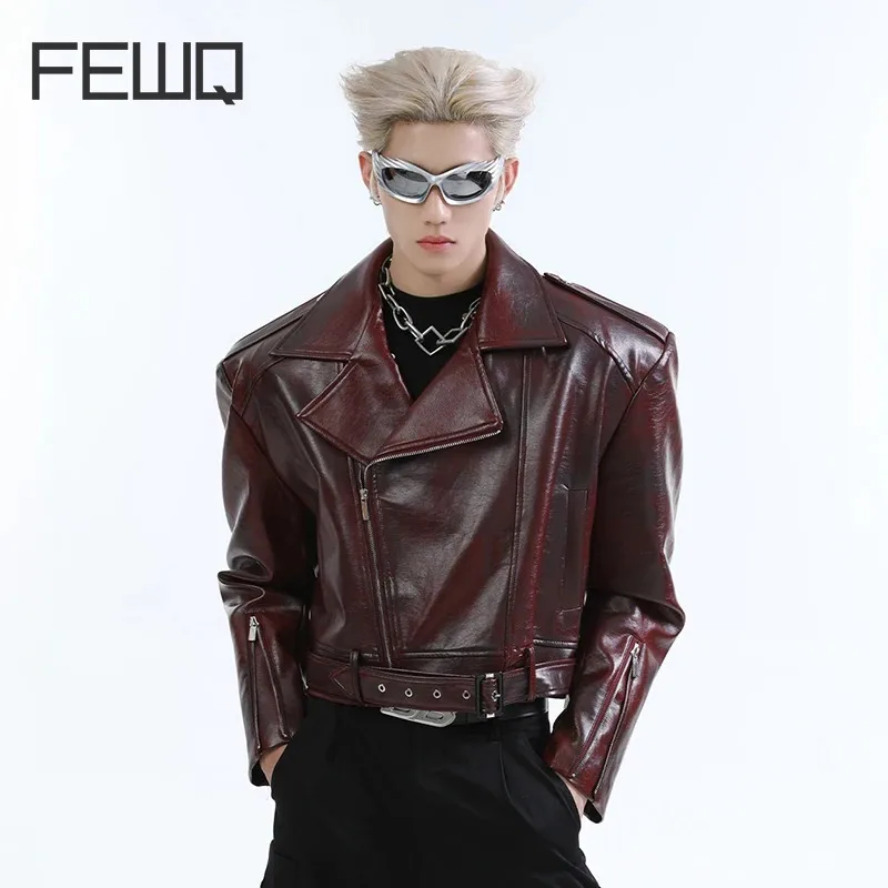 

FEWQ Street Niche High PU Leather Jacket Street Trend Versatile Solid Color Turn-down Collar Male Tops Streetwear 24E2223