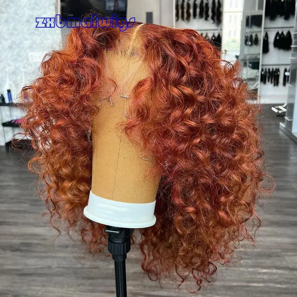 QW  Soft 26Inch Long Ginger Copper Red Curly Glueless Synthetic Hair Lace Frontal Wig For Black Women Preplucked Daily Party