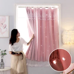 YanYangTian Star Curtain Blackout Partition Window Hanging ring for Bedroom Living room With gauze pink Simple Decor curtain