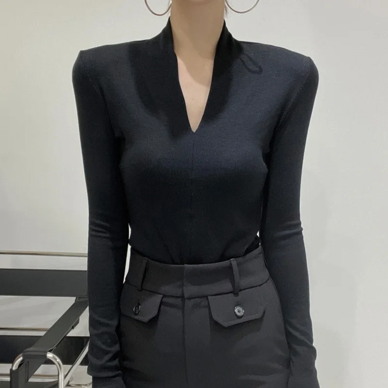 Suéter de punto para mujer, Jersey de manga larga con cuello en V, a la moda, nuevo jersey ajustado sólido que combina con todo, Otoño, 2022