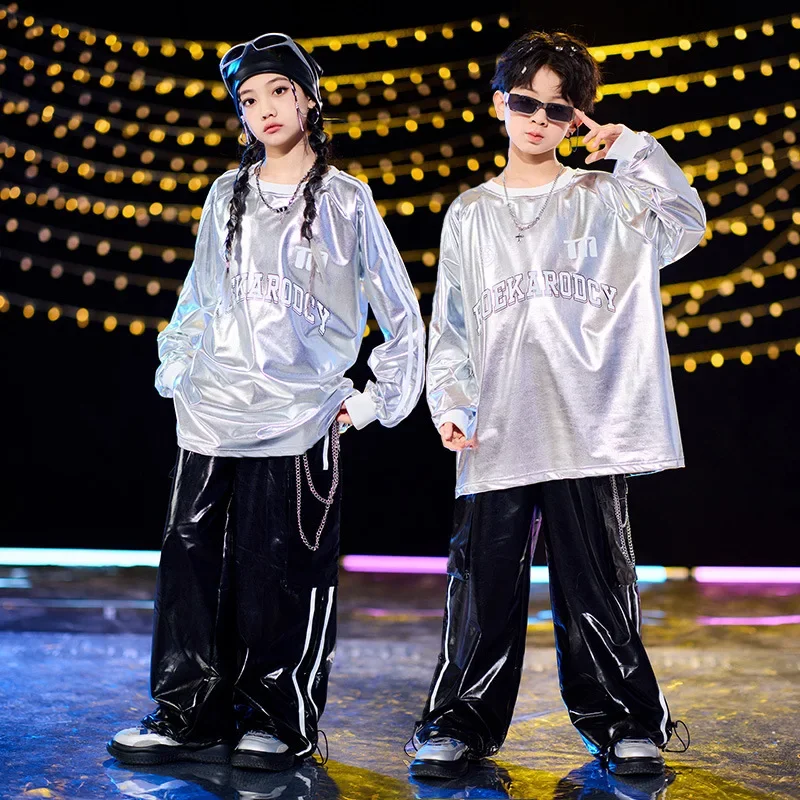 

Комплект для джазовых танцев в стиле хип-хоп для мальчиков, серебряный костюм для соревнований, костюм для уличных танцев, детский сценический свободный топ, брюки