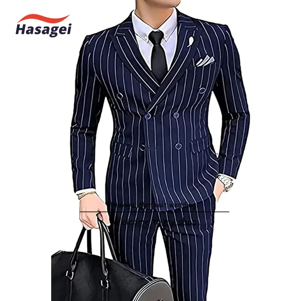 Men\'s 2 Piece Slim Fit Pinstripe Suit Set Formal Business Blazer Jacket Pants Wedding Dress Tuxedo