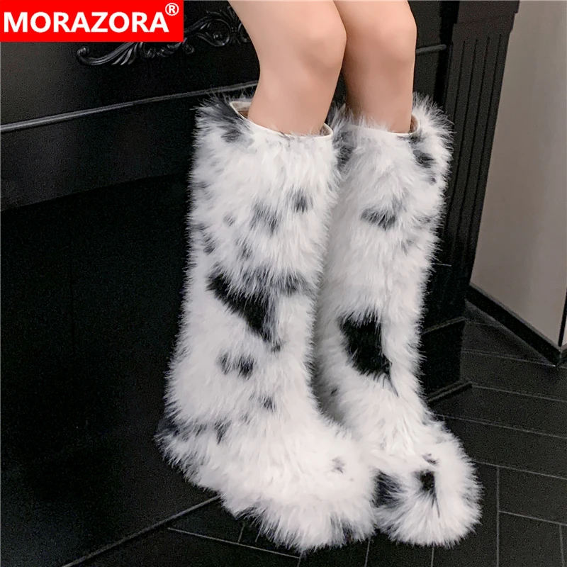 MORAZORA 2026 موضة جديدة أحذية النساء سحب على جلد البقر الفراء حذاء برقبة للركبة منصة أحذية الشتاء المنصة أحذية أنيقة #1