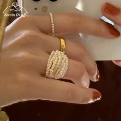 New Minimalist Multi-layered Freshwater Pearl Geometric Rings Women Finger Jewelry Fashion Adjustable Elastic Ring