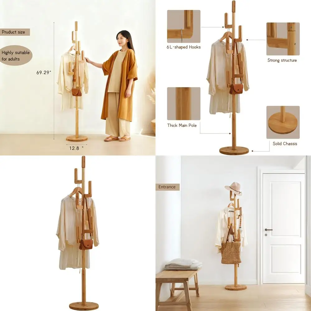 

Freestanding Bamboo Cactus Coat Rack with 6 Hooks for Home Entryway and Bedroom