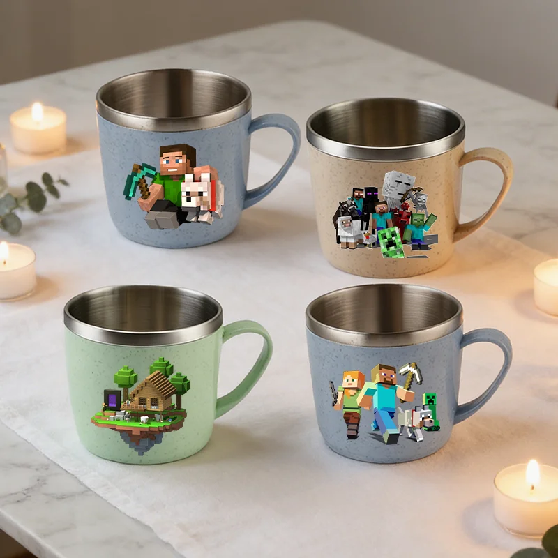 Шахтерные поделки, детские чашки для воды из нержавеющей стали, домашние мультяшные пиксели, игра с принтом, чашка для полоскания рта, завтрак, кемпинг, питьемое молоко, Mhgs