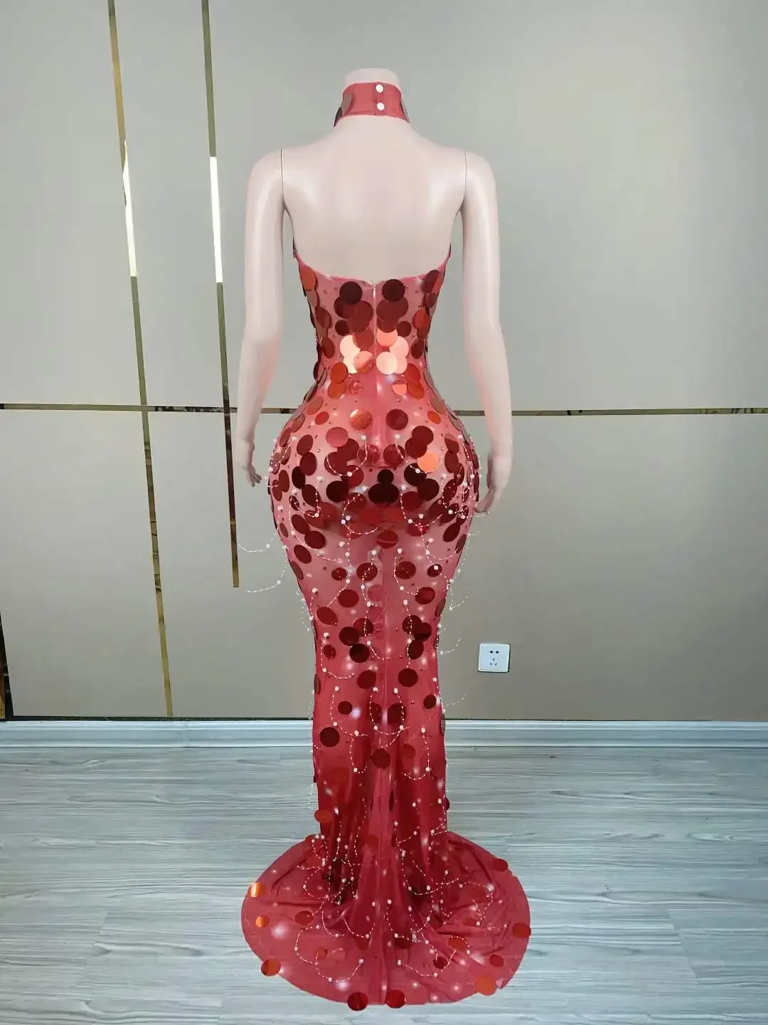 Stunning Red Sequin Floor Length Women Backless Dresses Birthday Party Queen Club Wear Night Date Evening Drag Costume Singer