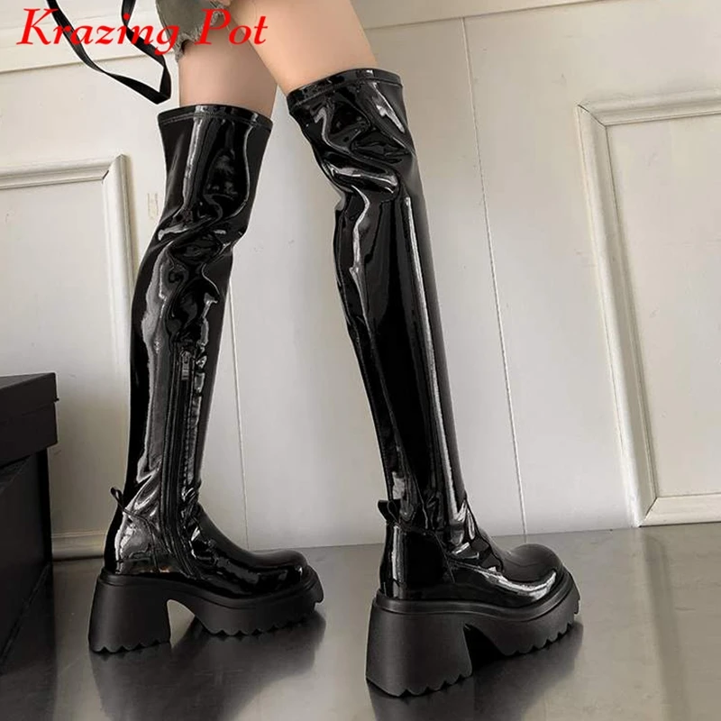 Krazing Pot Cow Leather Round Toe Thick High Heels Motorcycles Boots Winter Punk Design Keep Warm Elastic Over-the-knee Boots