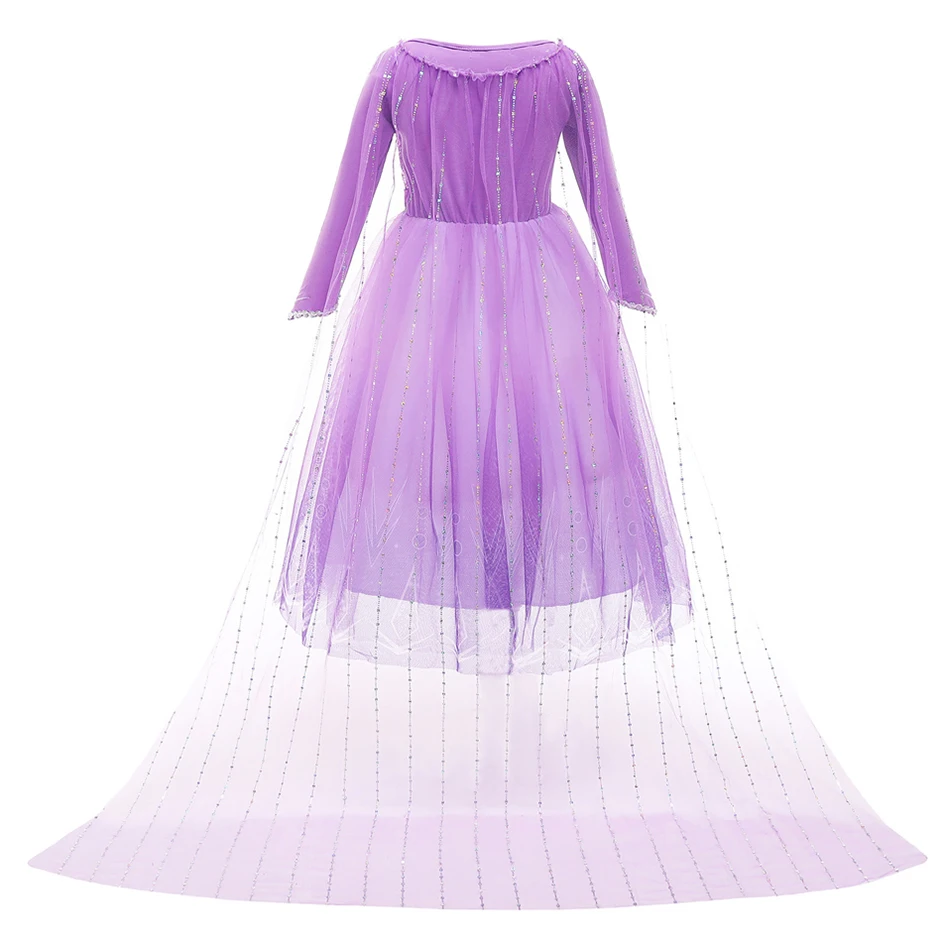 Elsa Purple Cosplay Princess Dress Girls Snow Queen Elegant Gown Kids Long Sleeves Birthday Party Stage Performance Costume