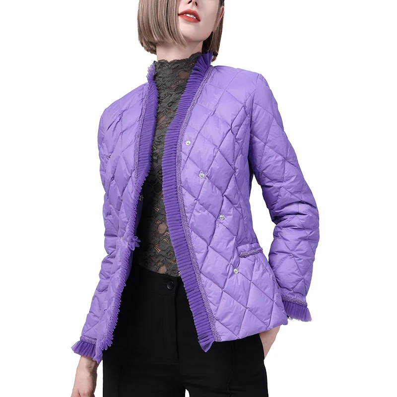 Luxury Beaded Ruffle V-Neck Down Jacket Women Winter Warm White Duck Down Padded Puffer Coat Elegant Slim Short Purple Jackets