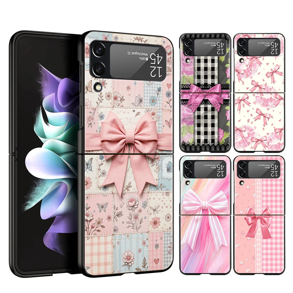Bow-Knot Pink Bow Pattern Hard PC Phone Case For Samsung Galaxy Z Flip 7 6 5 4 Black Cover For Galaxy Z Flip 3 Foldable Capa Bag