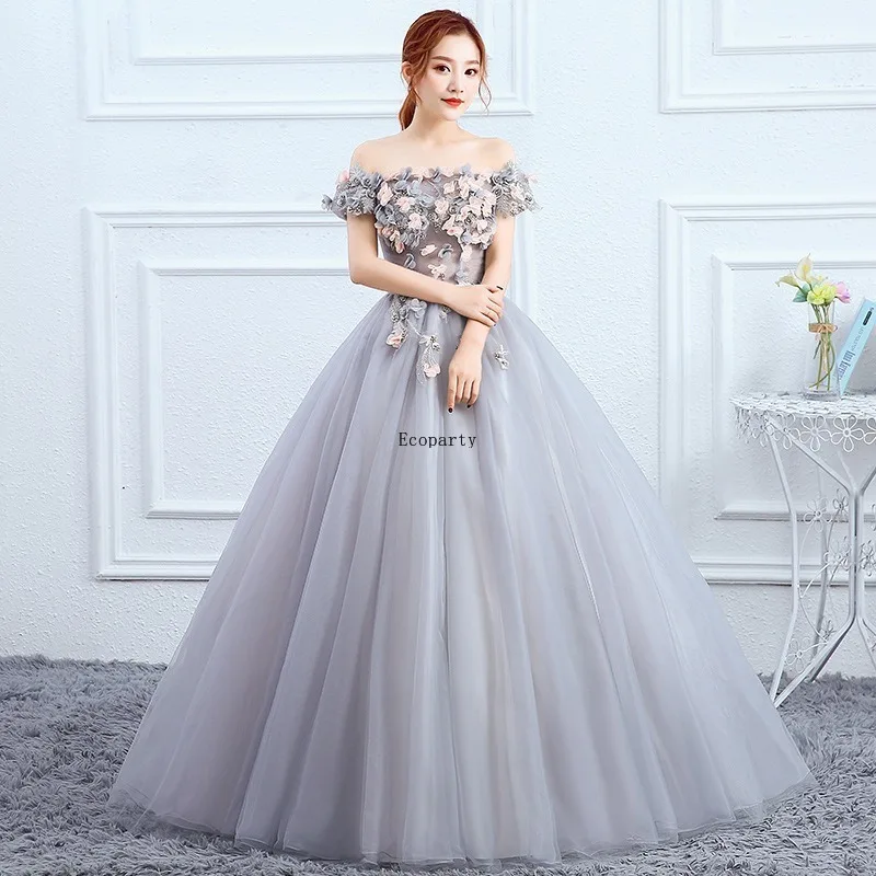 Gris violet personnalisé pas cher épaules dénudées femmes robe De bal formelle longue Organza Tutu robe De mariée pour mariée robes De remise des diplômes