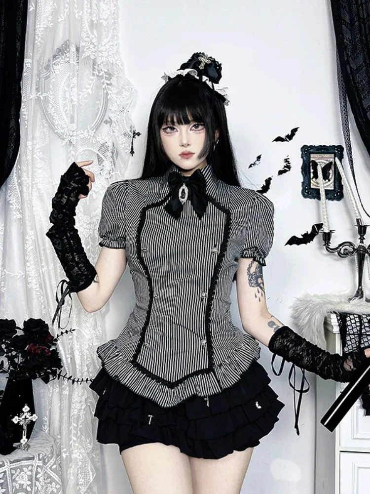 2025 Nieuwe Vintage Dark Academia Strip Shirts Vrouwen GothicY2k E-girl Kant Patchwork Ruche Zoom Bladerdeeg Mouw Blouse cosplay Outfits