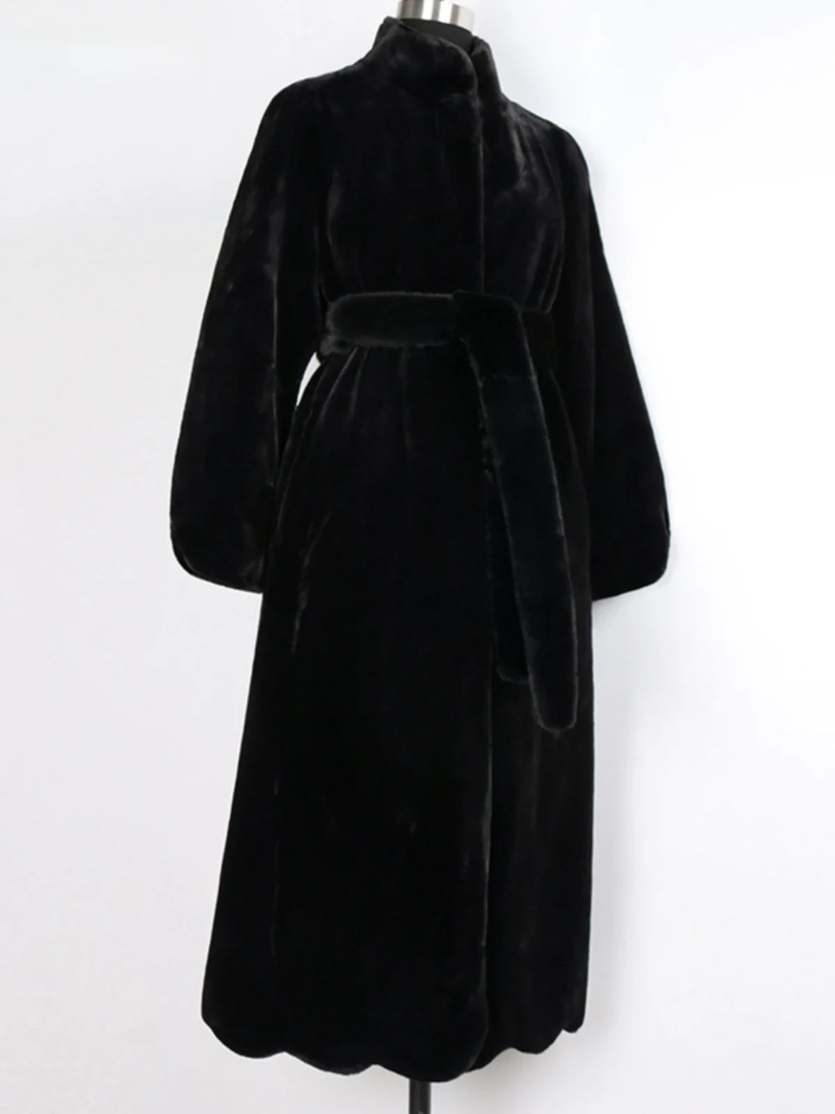 Young Fashion Long A-Line Fur Coat Women's Black Rabbit-Style Synthetic Fur Collar Belted Winter Outerwear Korean Style