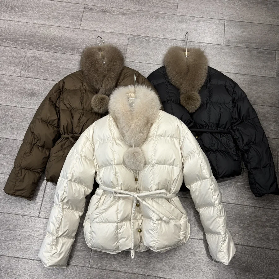 

New Real Fox Fur Women Winter Puffer Jacket Thicken Fluffy Warm Parka Women 90 White Duck Down Waterproof Coat