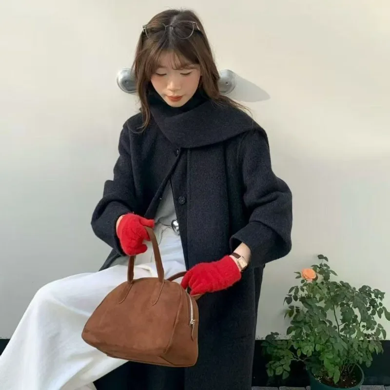 الخريف والشتاء منتج جديد مزاجه وشاح على الوجهين معطف الصوف المرأة فضفاضة موضة جولة الرقبة معطف طويل الصوف