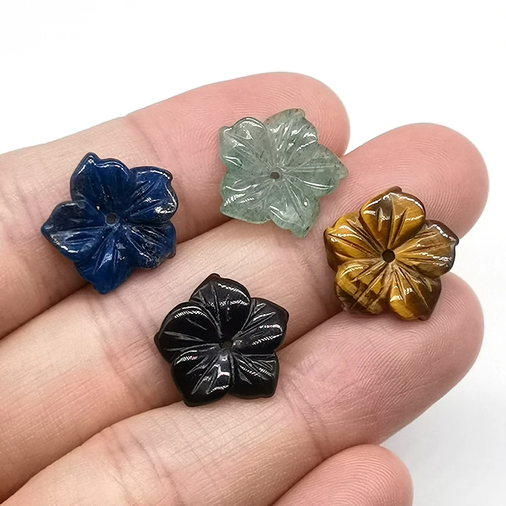 

15mm Peach Blossom Flowers with Hole Natural Stone Crystal Amethyst Quartz Tiger Eye for Making Necklace Bracelet Pendant Gift