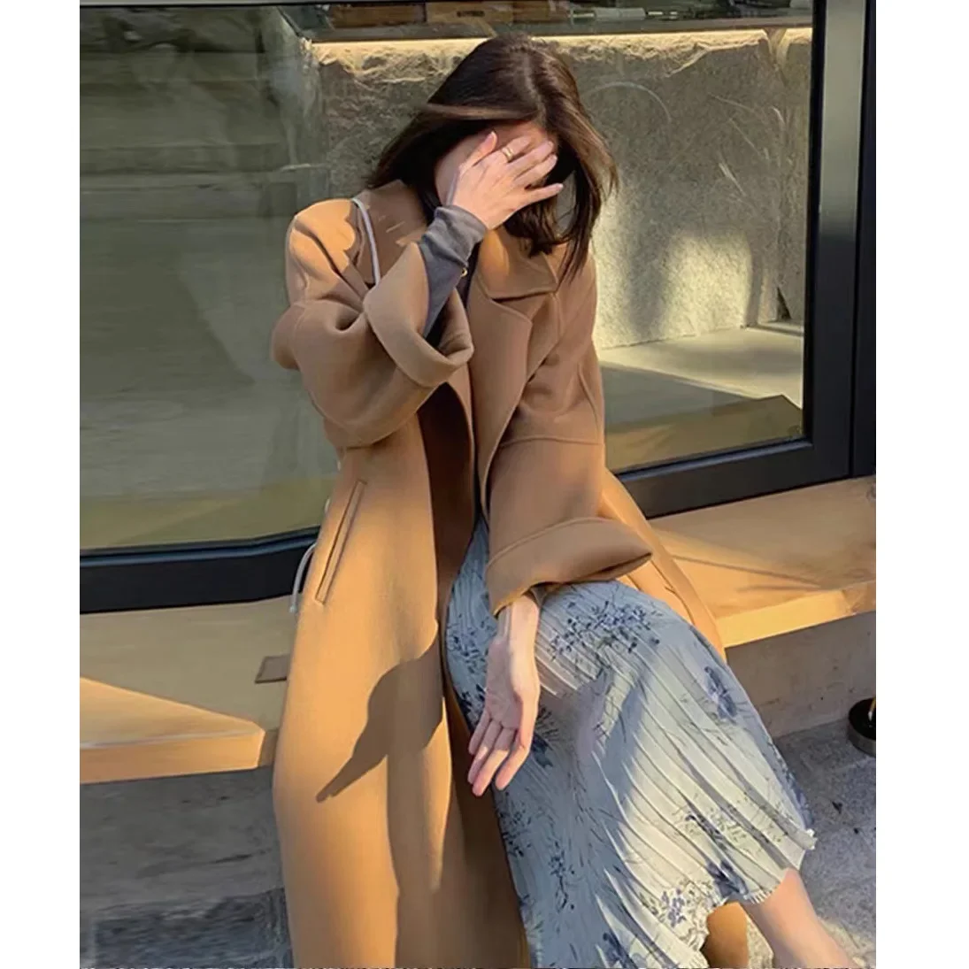 Lazy coat Korean version double-sided woolen cashmere coat spring lace-up temperament wool woolen coat women