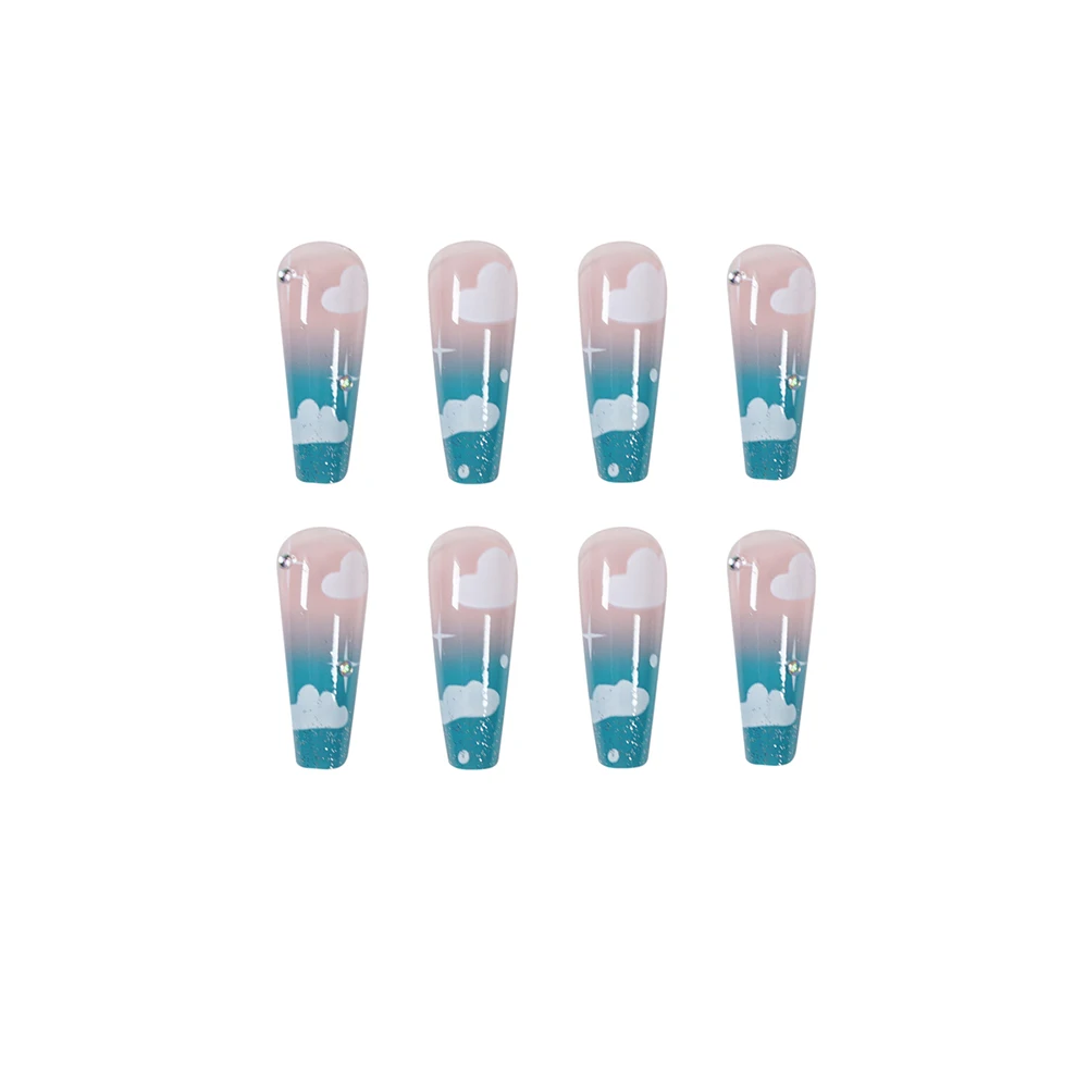 

JP1014 QTCJ 24Pcs Sky Blue Cloud Gradient Rhinestone Wearable Manicure Is Waterproof And Removable