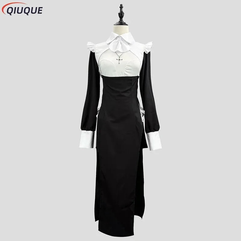 Disfraz de monja para mujer, pañuelo, collar cruzado, vestido de enfermera Sexy, sirvienta de Halloween, bata negra ajustada de talla grande, disfraces religiosos