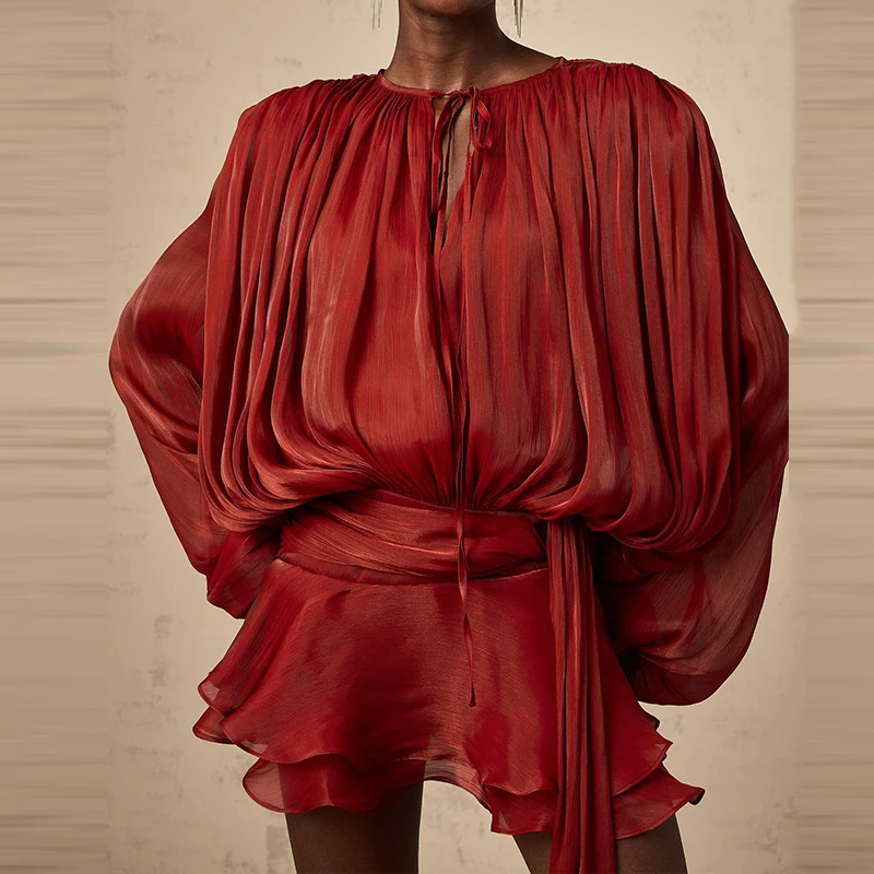 Pakaian Rok Lipit Bertekstur Elegan Wanita Atasan Lengan Panjang Leher-o Kasual dengan Setelan Rok Mini Set Pesta Solid Bertali Elegan