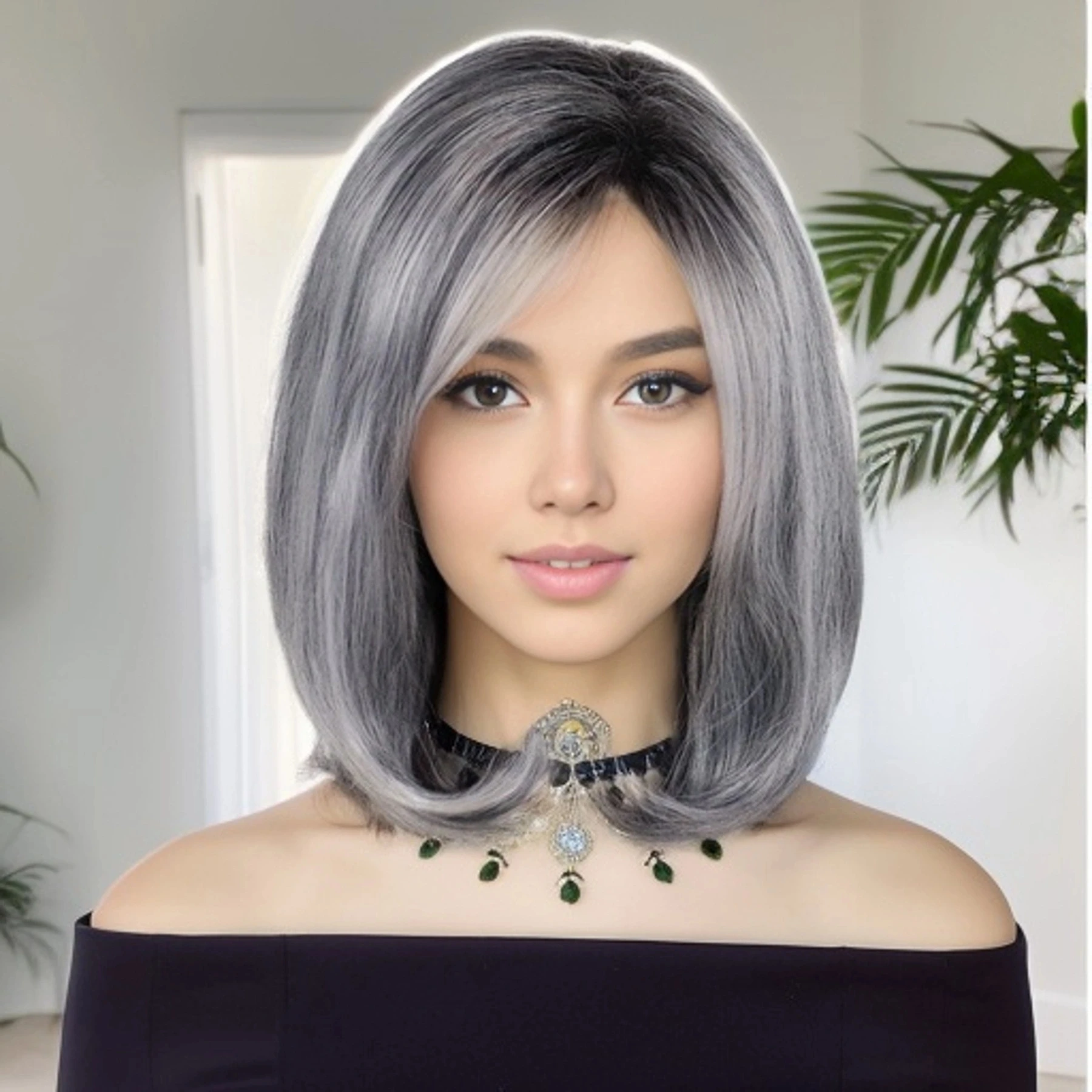 

Short Bob Hairstyle Synthetic Gray Hair Straight Wig with Bangs Silver Grey Women Wigs Heat Resistant Fiber for Daily Mommy Wig
