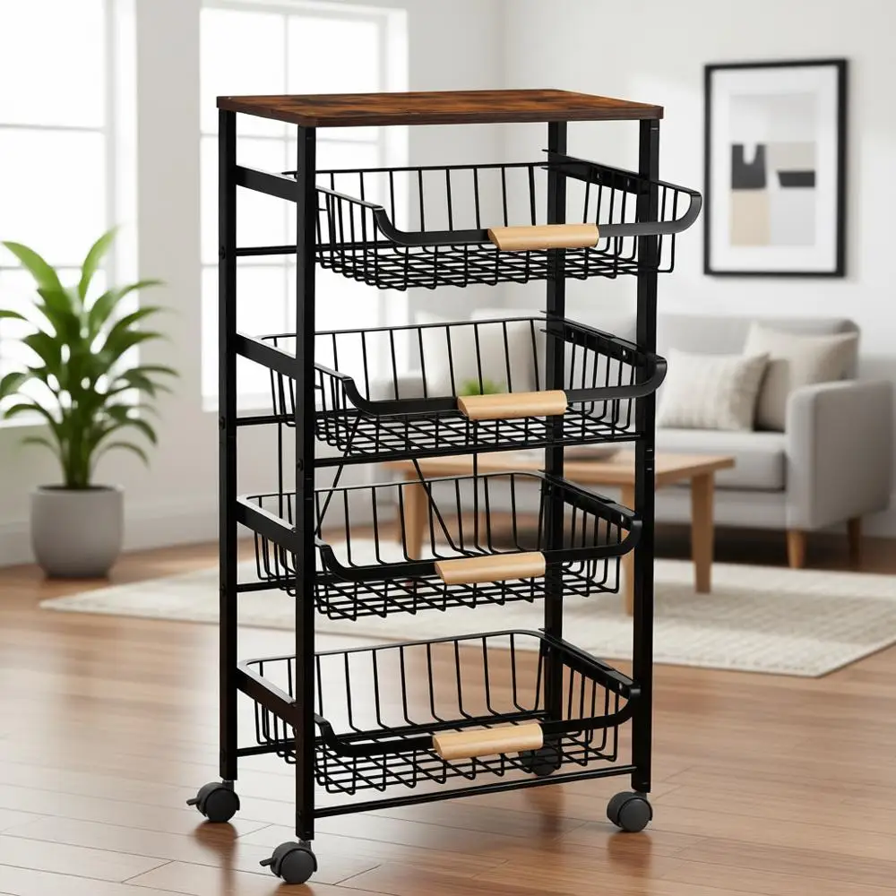 

5-Tier Metal Mesh Rolling Utility Cart with Wooden Top for Kitchen Storage