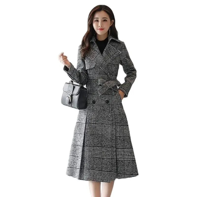 

Autumn Winter Women Woolen Coat Nice Pop Fashion Plaid Mid Long Outwear Warm Wool Jacket Female Double breasted Overcoats Tops