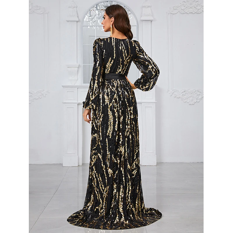 Women Elegant Lantern Sleeve V Neck Split Black Gold Sequined Evening Party Cocktail Long Maxi Mermaid dresses