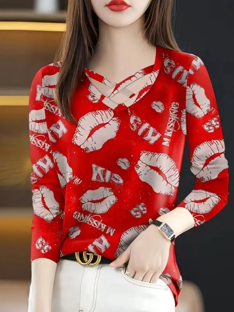 Wiosna Jesień Nowa Duży Rozmiar Damska Bluzka z Dekoltem Krzyżowym Długi Sweter z Nadrukiem Cienka Odzież Wierzchnia Codzienna