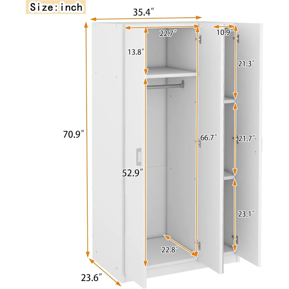 3-Door Wardrobe Closet with Mirror for Bedroom, Armoire Cabinet with Hanging Rod and Storage Shelves, White