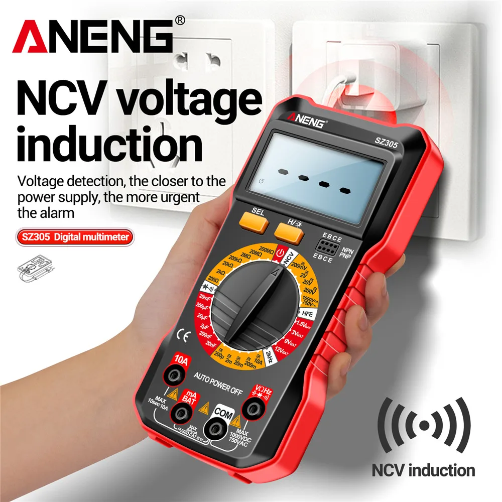 اختبار متعدد القياسات المهنية ANENG SZ305 الرقمية AC / DC الجهد الحالي NCV الجهد الاستقراء hFE الثلاثي ثنائي قياس متعدد القياسات أدوات الكهربائي