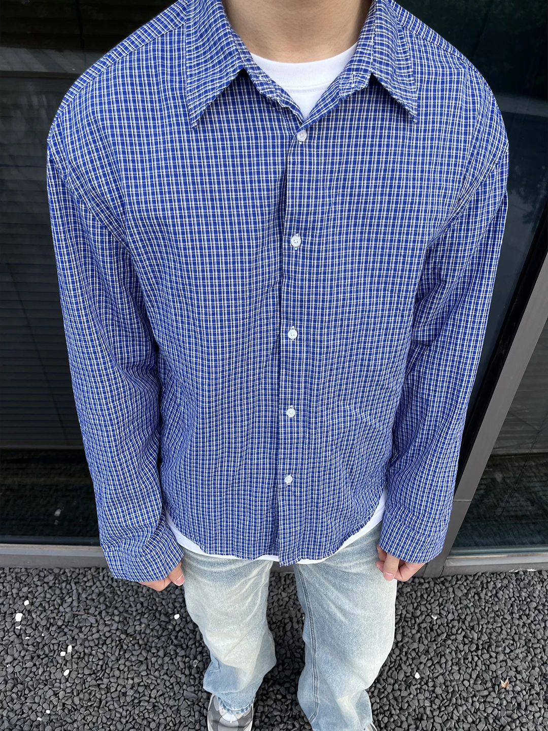 

Blue Plaid Men's Long Sve irt Spring Korean Sle Cleanfit Sun Protection Outerwear Premium Feeling Loose Fit Button up
