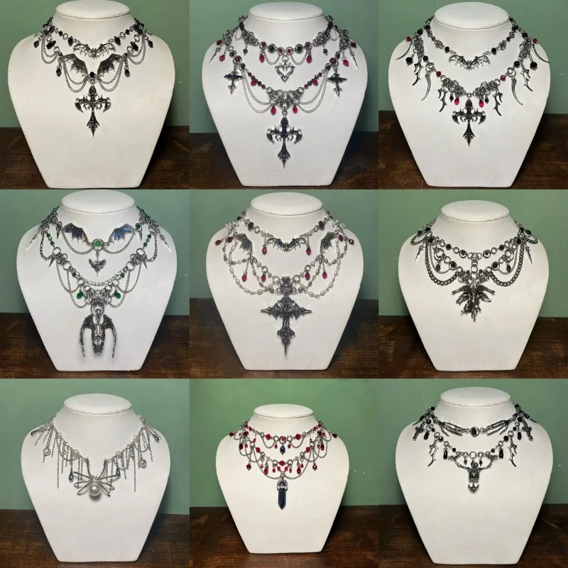 

Goth Halloween Necklace for Women Bat Cross Heart Red Crystal Pendant Stacking Chain Dark Party Jewelry,Daily Wear&Surprise Gift