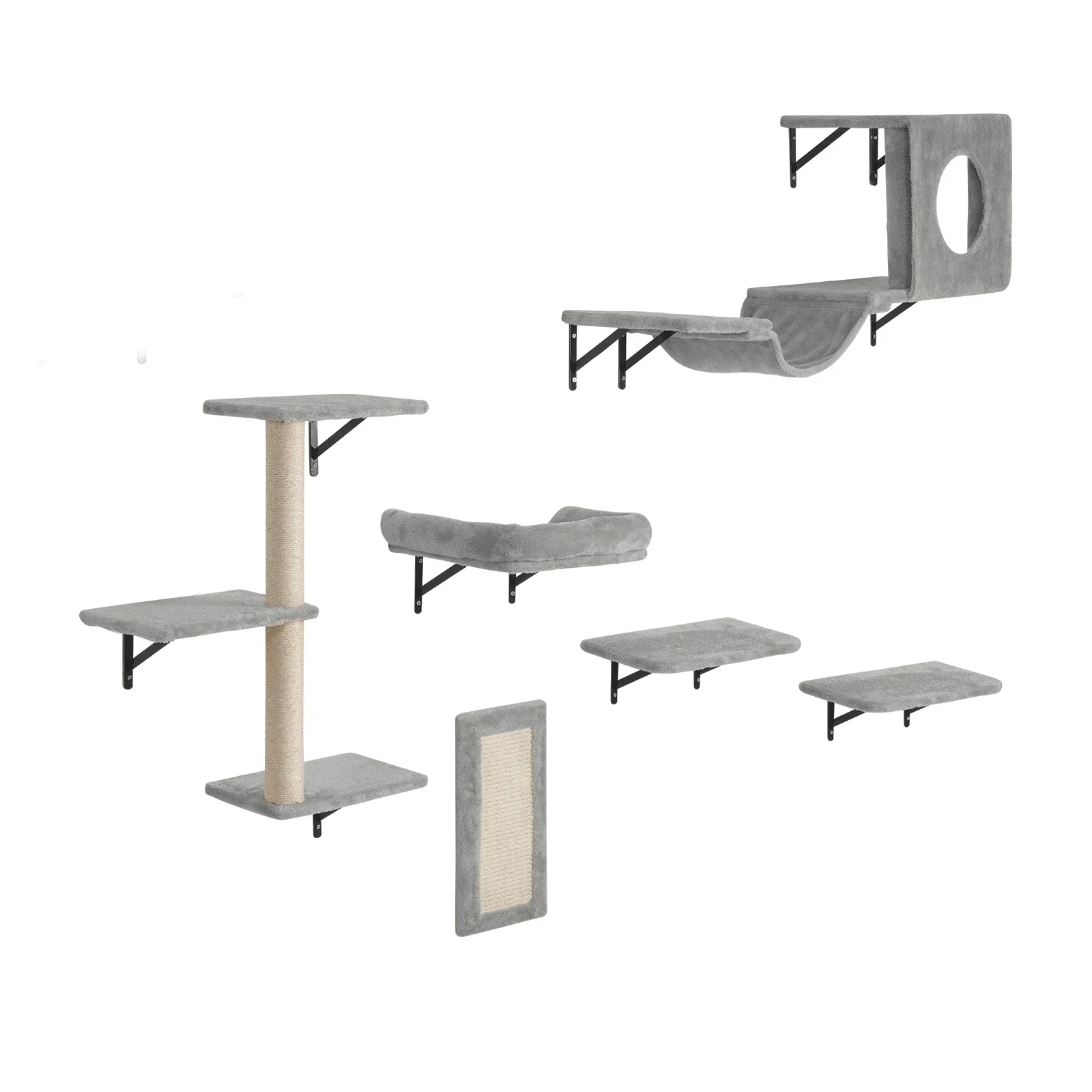 6 Pcs Wall Mounted Cat Shelves, Sturdy Cat Wall Furniture with Hammock, Sofa, Jumping Boards & Scratcher, Space Saving Cat Climbing Tree for Playing Resting, Heavy Duty up to 40lbs, Set of 6