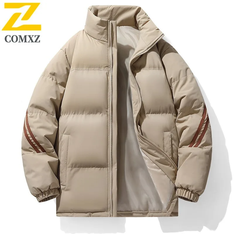 

COMXZ 2025 Мужская теплая модная пуховая куртка с воротником-стойкой, красивая свободная посадка, повседневное пальто в два полоски, спортивная стеганая куртка в два полоски