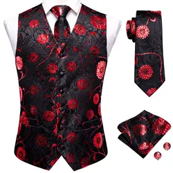 Hi-Tie Floral Silk Mens Vests Jacquard Waistcoat Neck Tie Hanky Cufflinks Set for Men Suit Sleeveless Jacket Wedding Business