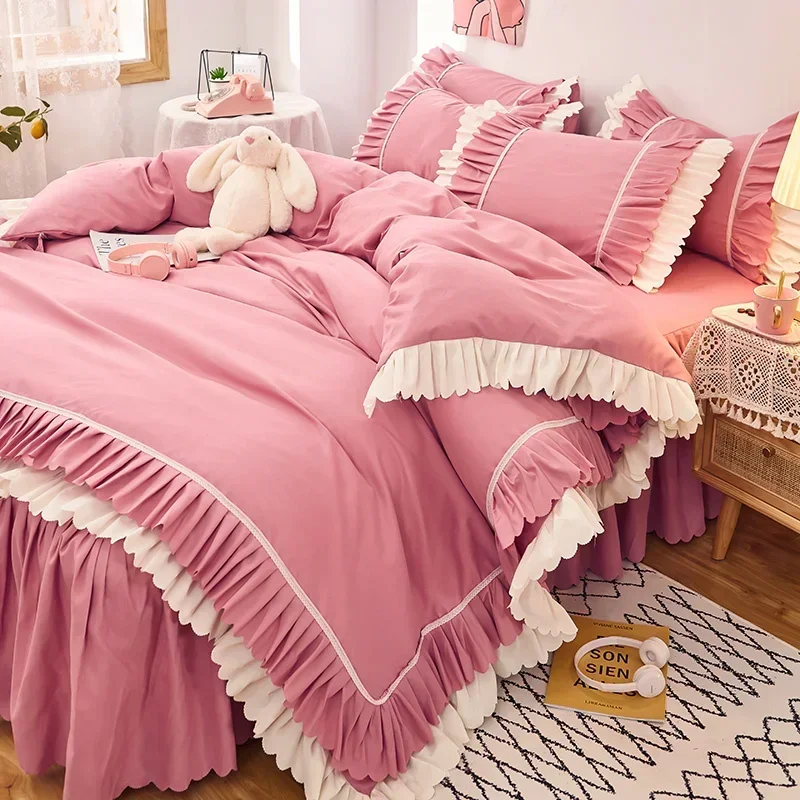 

4pcs Couple Bed Quilt Set Sheet Bedsheet Bedspread Queen Size Luxury Pink Duvets Cover Linens Comforter Bedding With Pillowcases