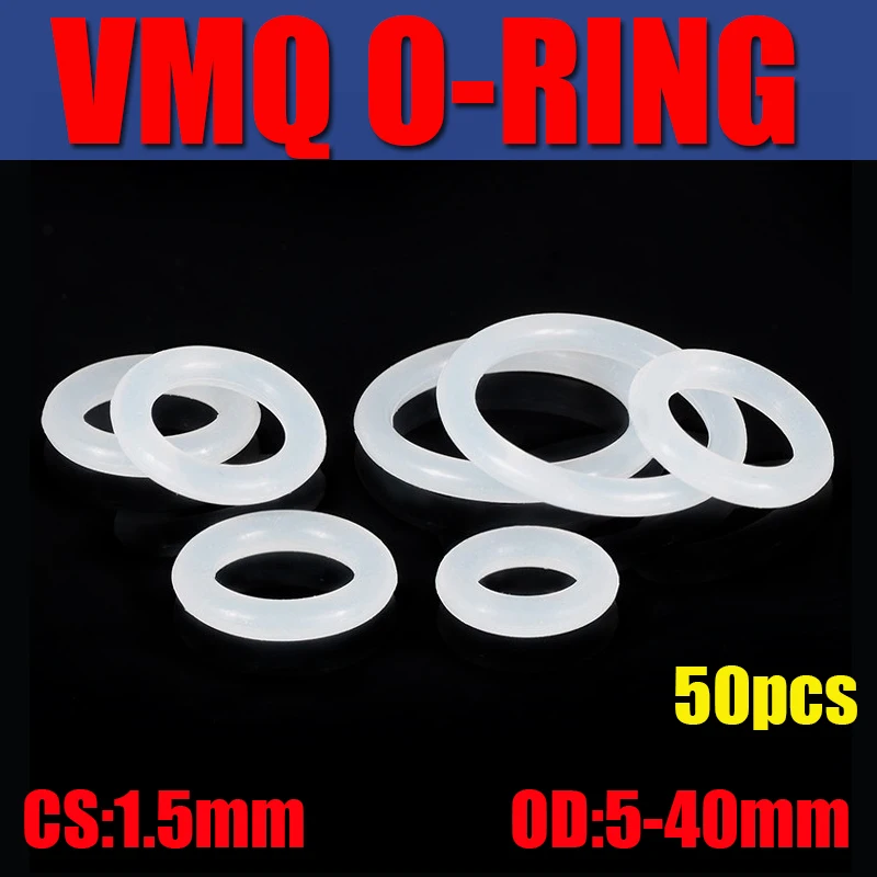 50pcs VMQ O Ring Seal Gasket Thickness CS 1.5mm OD5~40mm Silicone Rubber Insulated Waterproof Washer Round Shape White Nontoxic