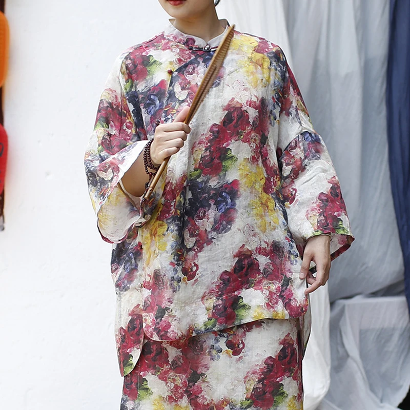 Camicia casual da donna in stile cinese Nuovo arrivo 2025 Estate Vintage Stampa floreale Allentato Comodo top in lino femminile Camicie M1784