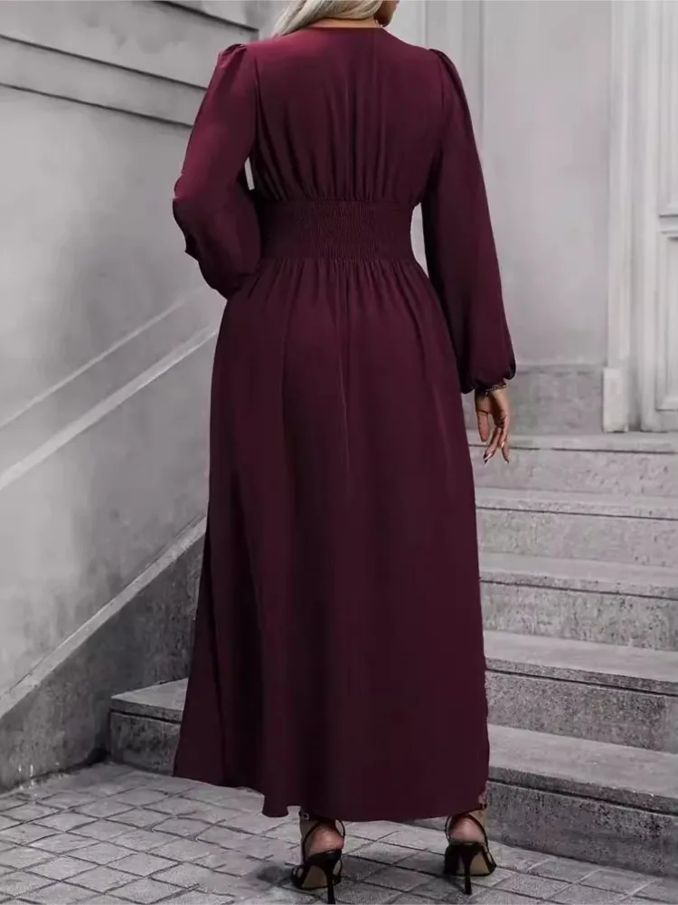 Plus Size Herbst V-Ausschnitt Kleid Frauen schlanke hohe Taille Mode Laterne Langarm Damen Kleider Rüschen plissiert lose Frau Kleid