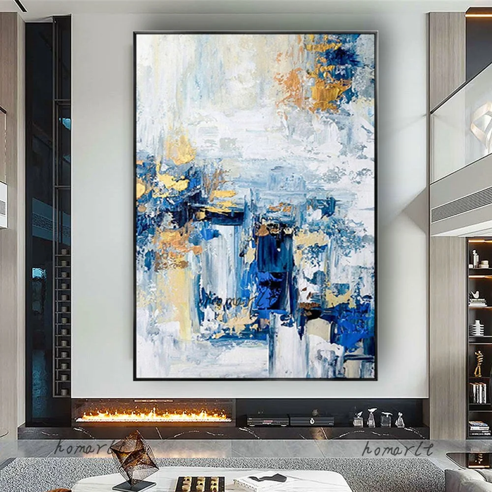 

Handmade Abstract Oil Painting On Canvas Blue And Off-white Texture Wall Art For Living Room Home Decor Aisle Original Artwork