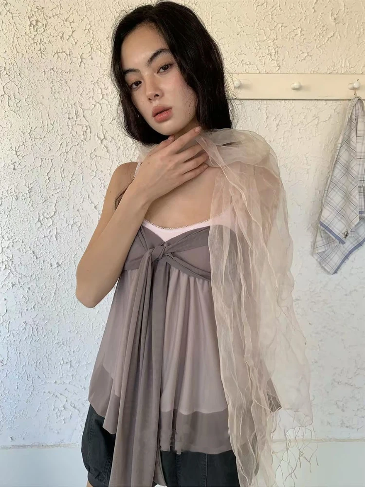 Coquette Elegant Mesh Patchwork Twist Knot Cami Tops Women Spaghetti Strap Irregular Hem Summer 2026 Slim Fit Casual Daily Wear