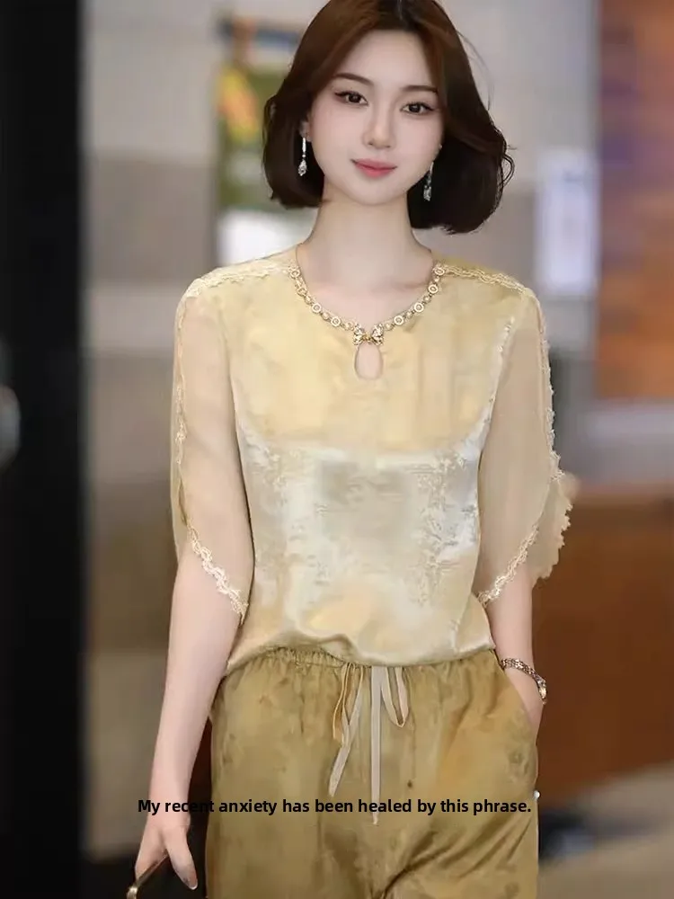 

Ele Желтый круглый женский топ Ne ort Sve Pure Color iny Me Summer New Sle Chinese National Sle High End Fas...