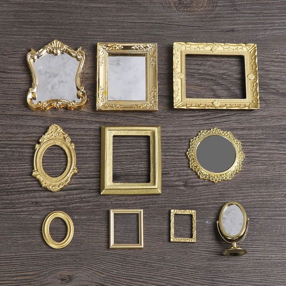 European Style Round Square Vintage Bathroom Furniture Doll Accessories 1:12 Scale Mini Gloden Frames Miniature Retro Mirror