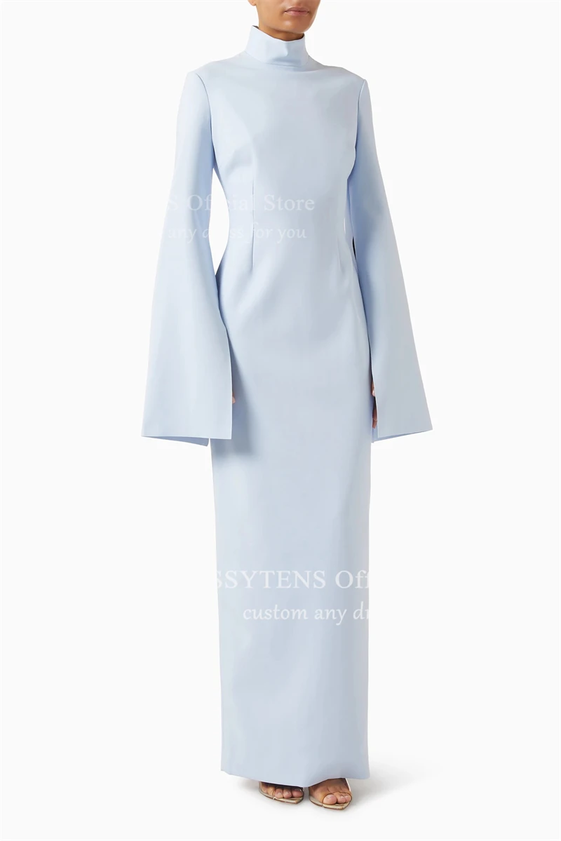 ชุดราตรีสีน้ำเงินแบบสั่งตัดสำหรับแขกงานแต่งงาน แขนยาว คอสูง ทรงยาวแบบเรียบหรู