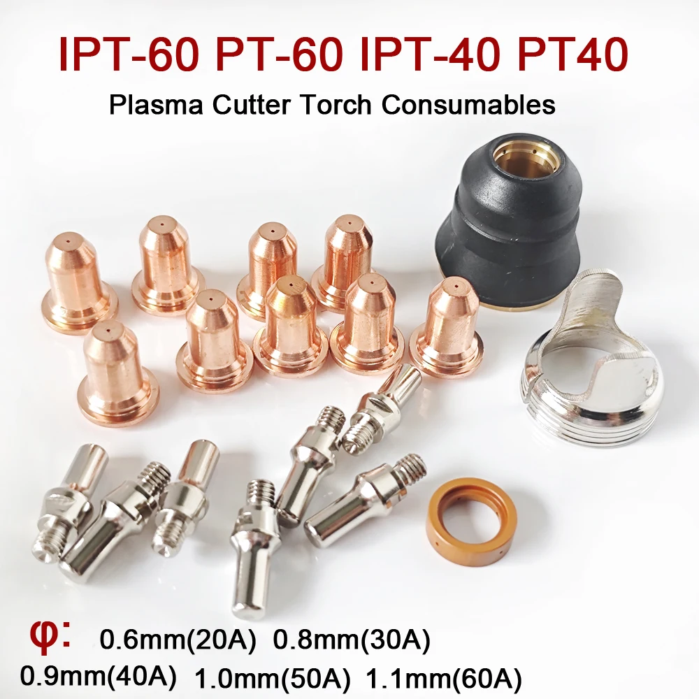 IPT-60 PT-60 IPT-40 PT40 Electrode 52582 Nozzle /Tips 51318/51313P 0.6/0.8/0.9/1.0/1.1mm Fit Plasma Cutter Torch Consumables