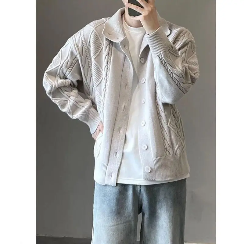 Autumn Winter New Korean Personalized Twist Knitted Cardigan Men's Retro Japanese Y2K Loose Versatile Solid Color Sweater Jacket
